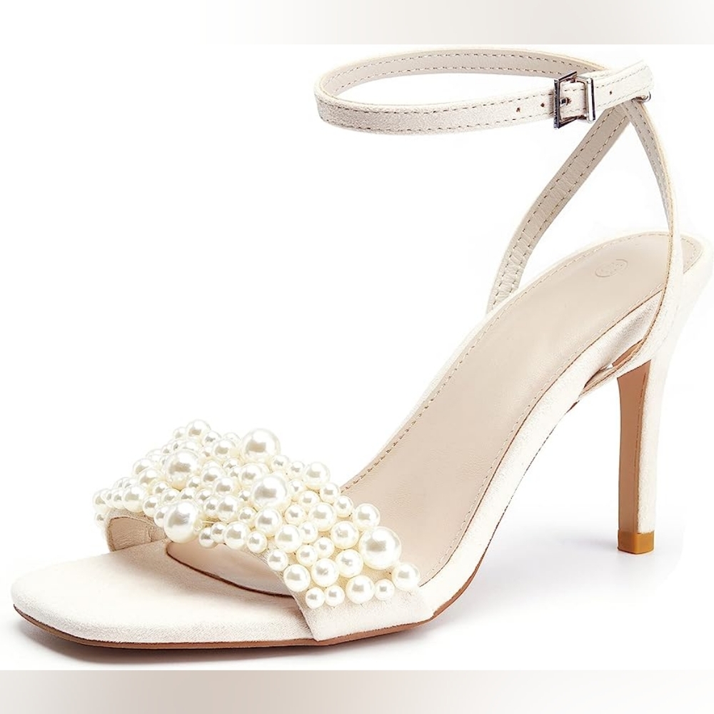 COUTGO Suede Beaded Open-Toe Sandal Heels 👠